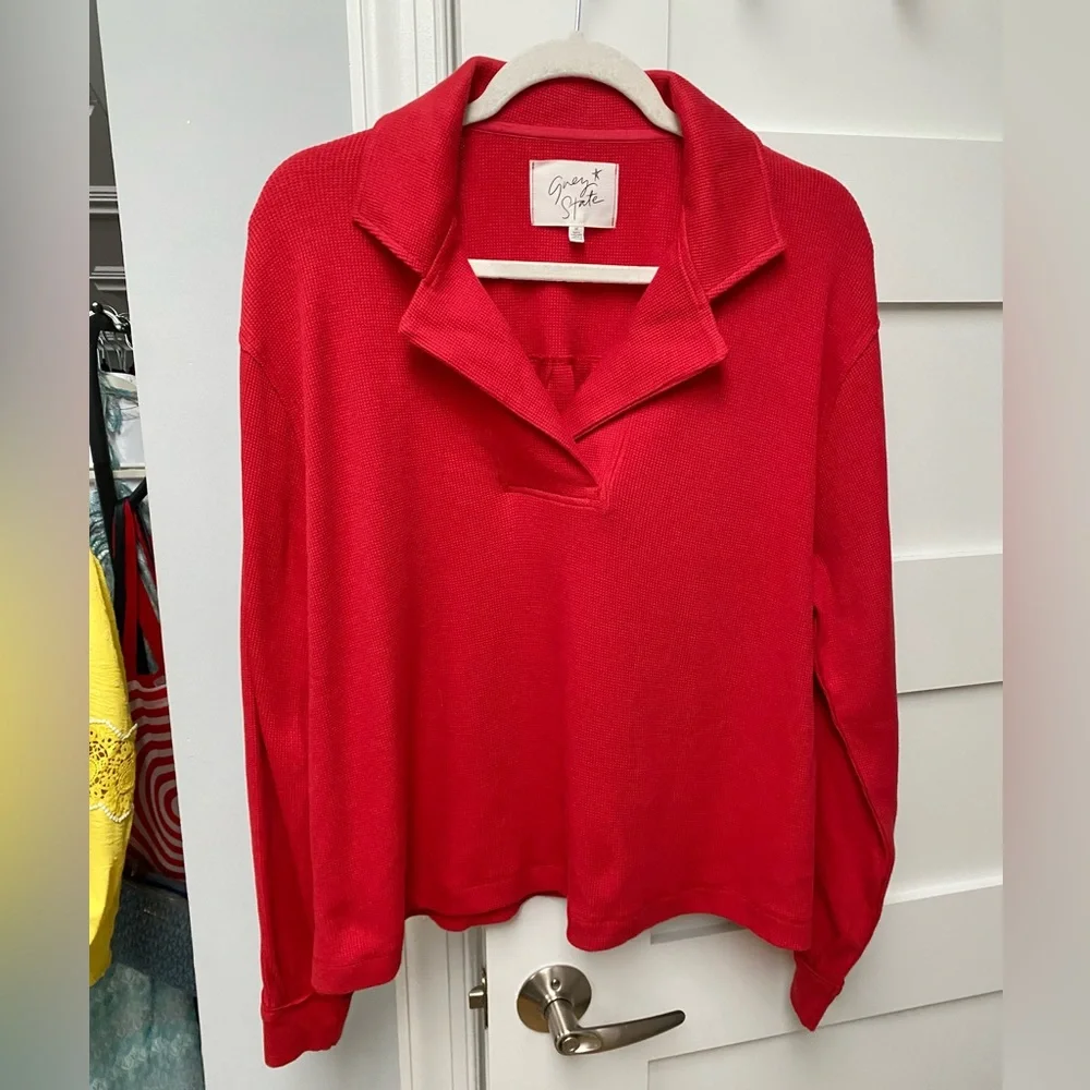 Grey State Harper red long sleeve Moda waffle blouse - Picture 3 of 6
